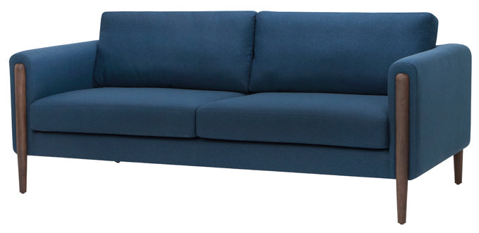 Steen two cushion sofa in Lagoon blue tweed with legs finished in ash stained walnut