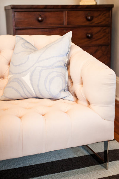 The Louise Tufted Apartment Sofa upholstered in Blush cotton