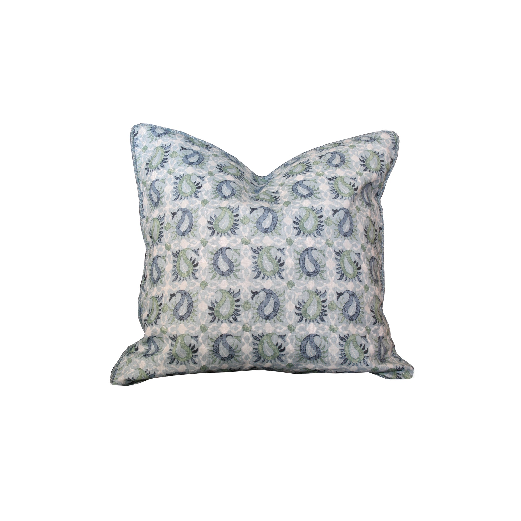 Hawthorne House Bespoke 20 x 20 pillow in Martyn Lawrence Pausley Block print in blue and green with contrast back and welt in blue textured woven linen