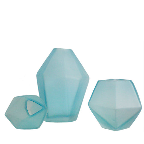 Frosted blue glass polyhedron vases