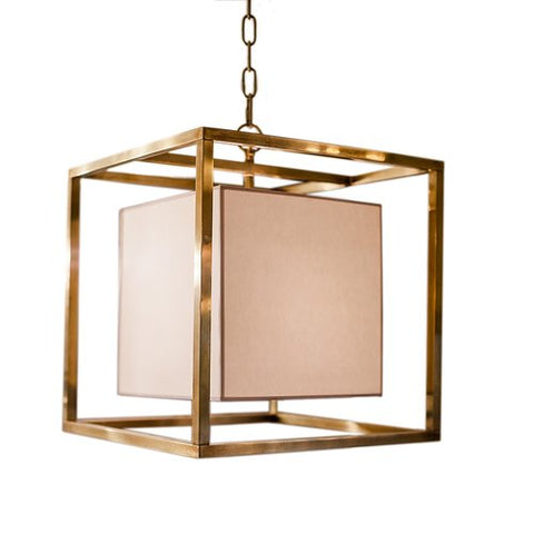 Caged Small Lantern in Hand-Rubbed Antique Brass with Natural Paper Shade