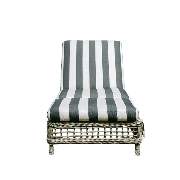 Moraya Bay Chaise by Lane Venture in Oyster finish upholstered in black and white awning stripe