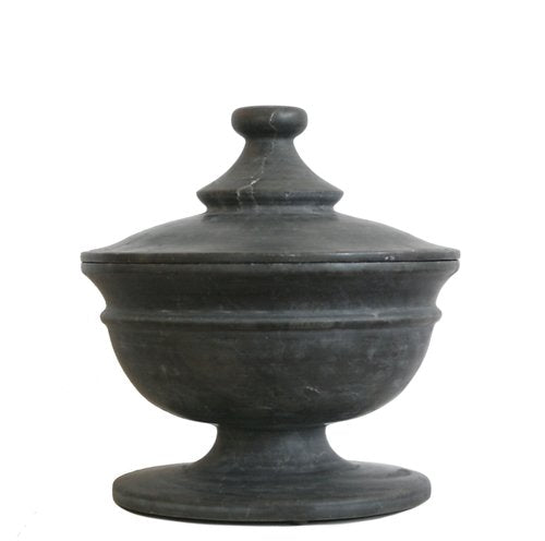Black marble footed vessel with lid