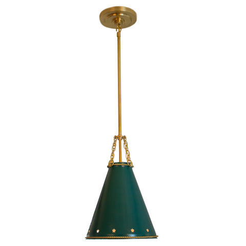 Hadley small pendant in natural brass with dark green tole shade