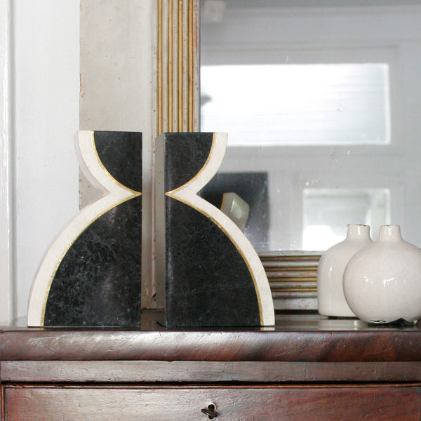  Black and White Inlaid Stone Bookends on Mantle