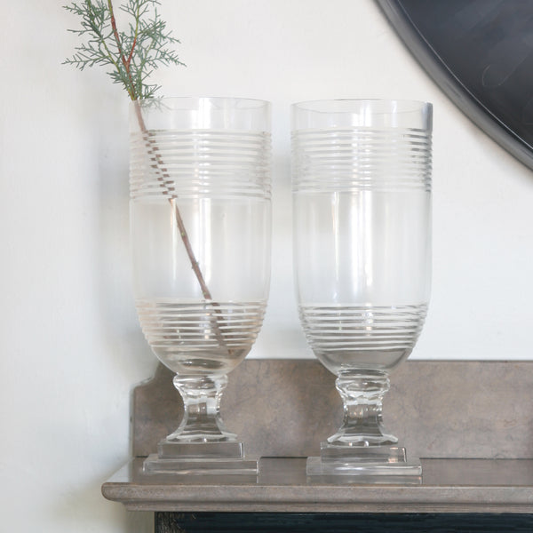 Small Vignette with a Pair of Ring Etched Glass Hurricanes