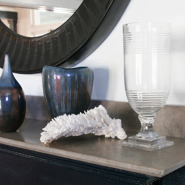 Large Iridescent glass vase in blue on mantle 