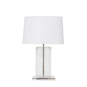 Small Block Table Lamp in Crystal with Polished Silver with Cotton Shade