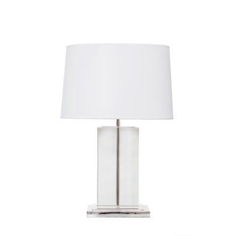 Small Block Table Lamp in Crystal with Polished Silver with Cotton Shade