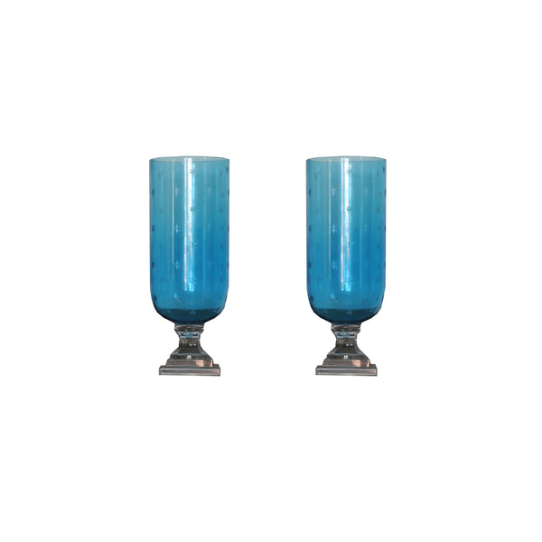 Pair of Blue glass hurricanes with etched star pattern