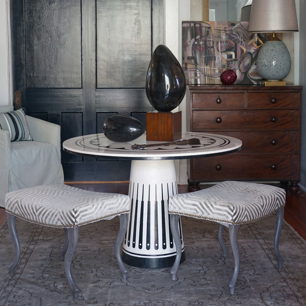 Vignette with The Orlando Table from Maitland Smith in honed agate and inlaid black wax stone 